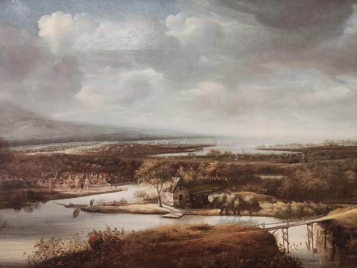 Jan Vermeer van Haarlem zugeschr., Niederländische Flusslandschaft Öl auf Eichenholz